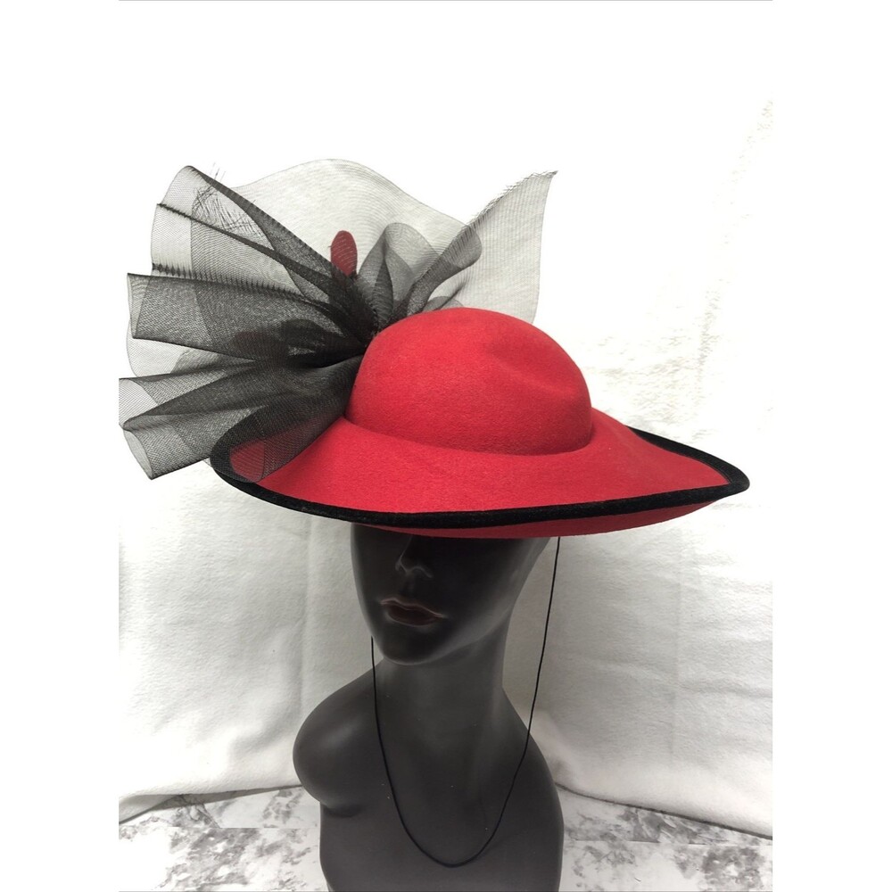 VTG Deborah New York Wool Church Hat Red Black Veil Statement Picks Derby Sunday